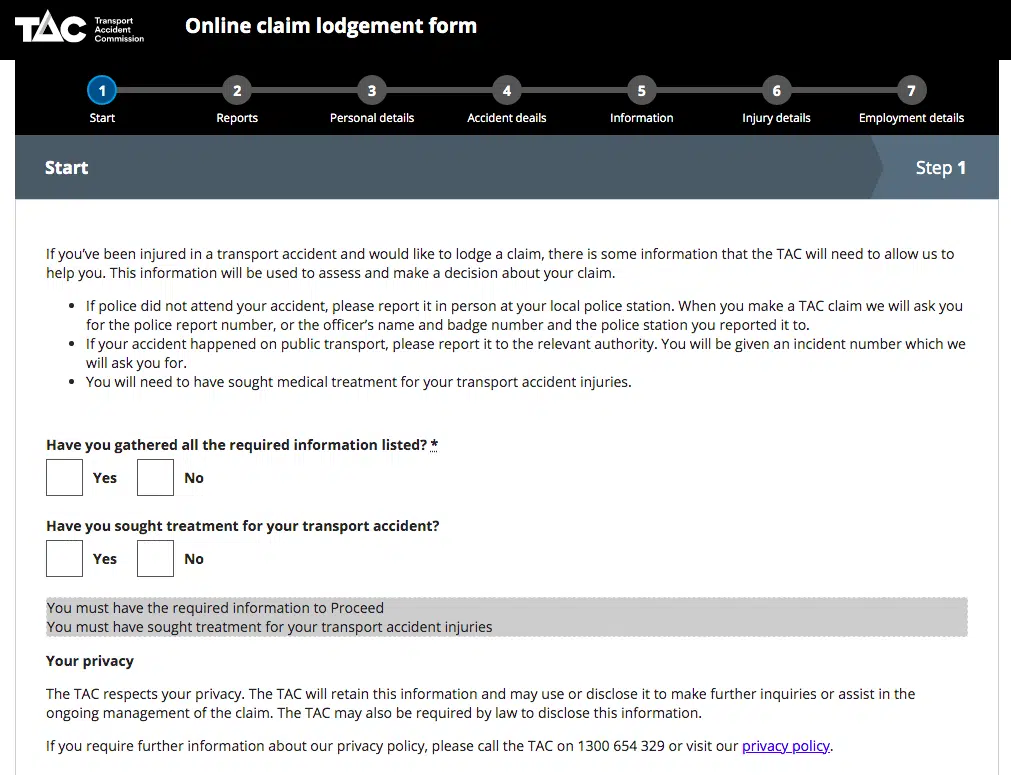 First page of TAC online claim lodgement form